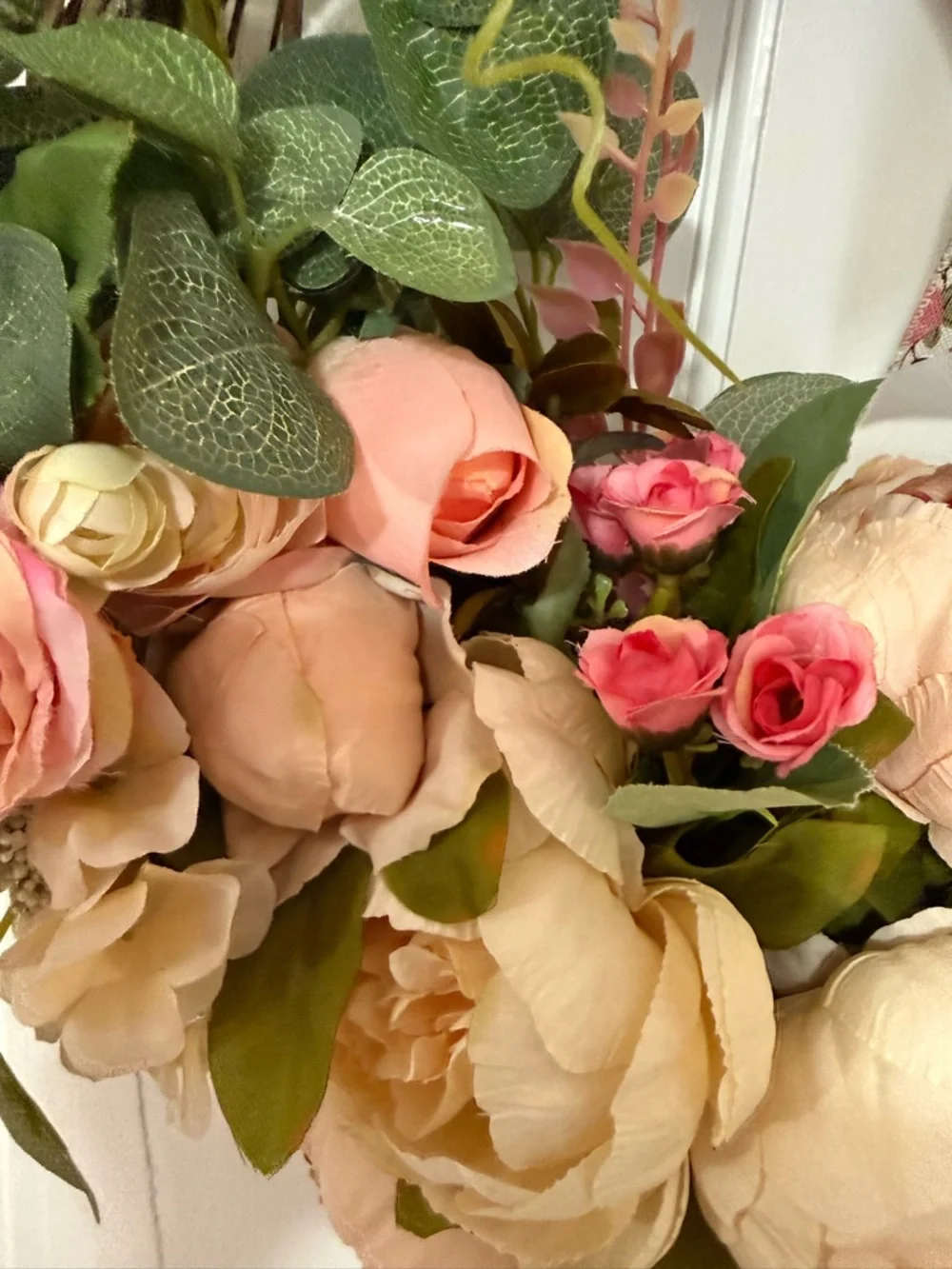 Pink & Cream Floral Wreath with Patterned Bow, measuring 23 x 23”